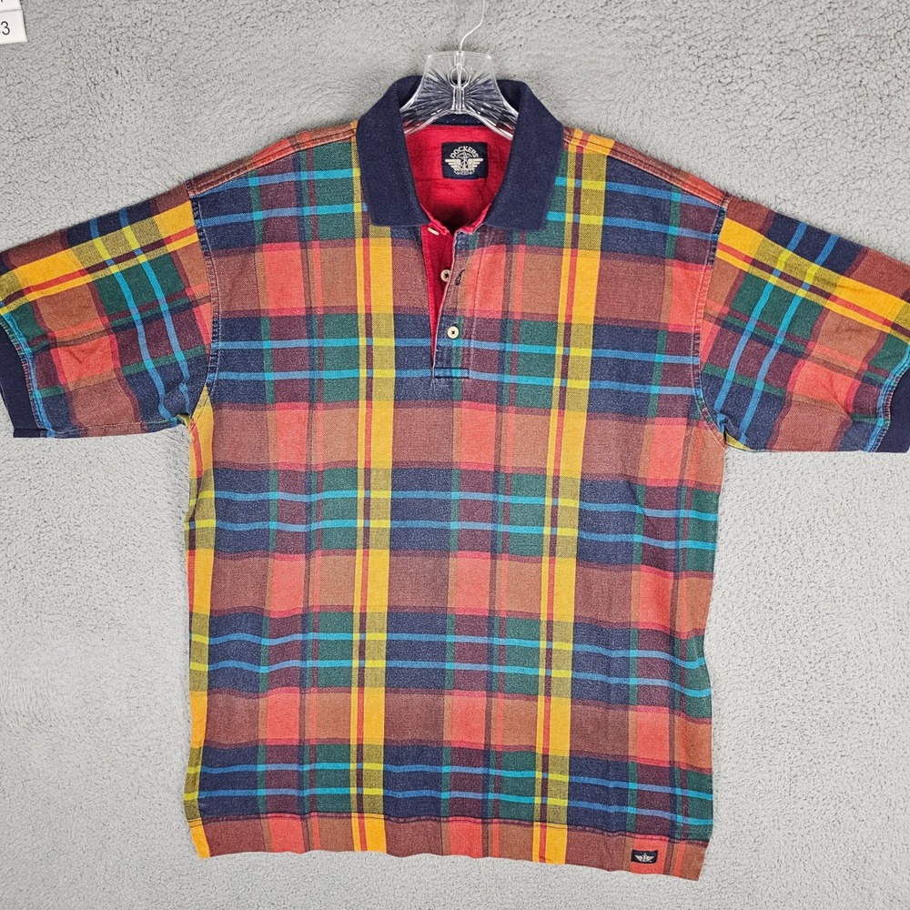 Dockers Polo Shirt Mens L Multi Color Plaid Short Sleeve Pique Knit Vintage
